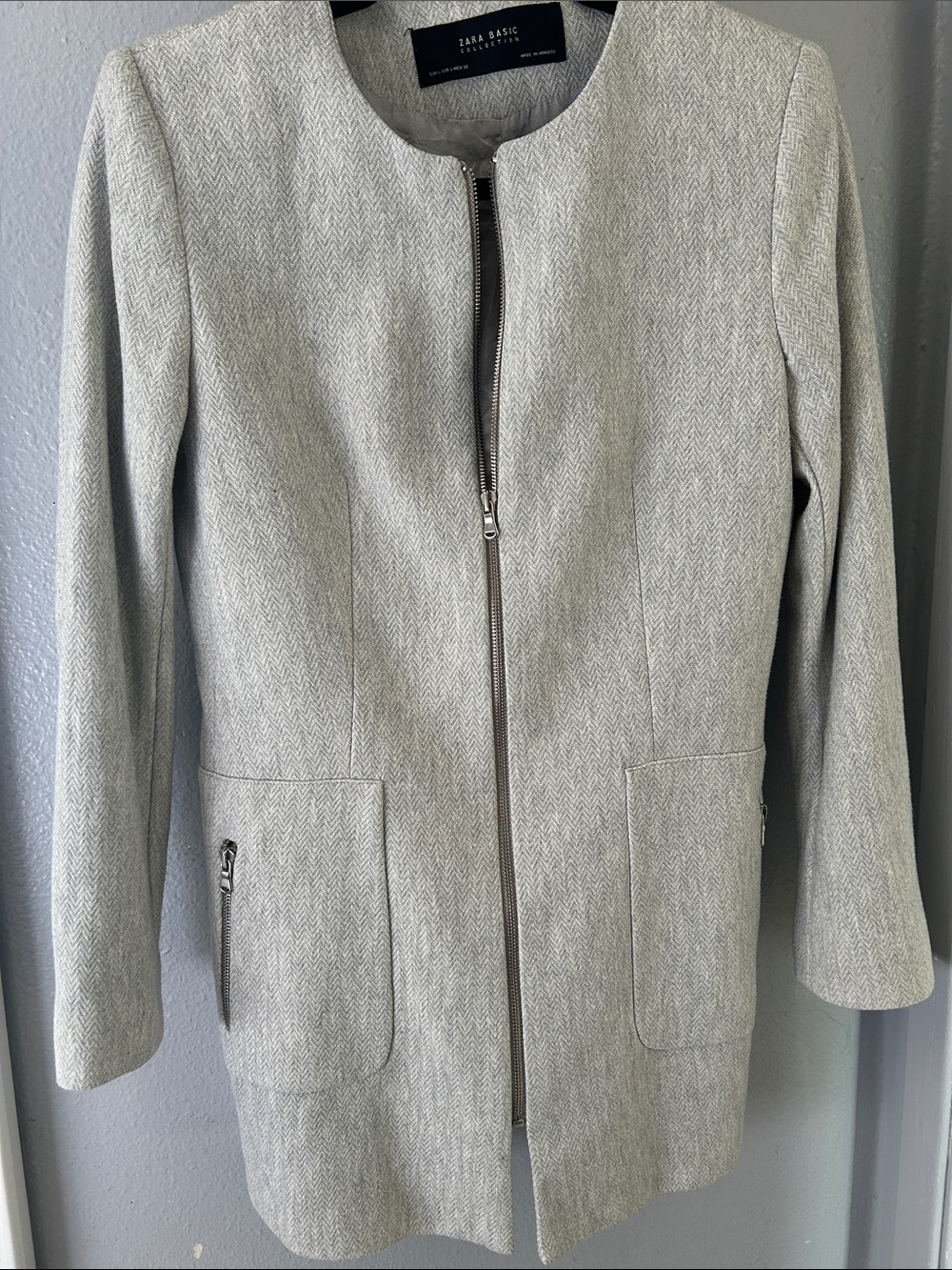 Zara Light Gray Herringbone Zip Front Pea Coat